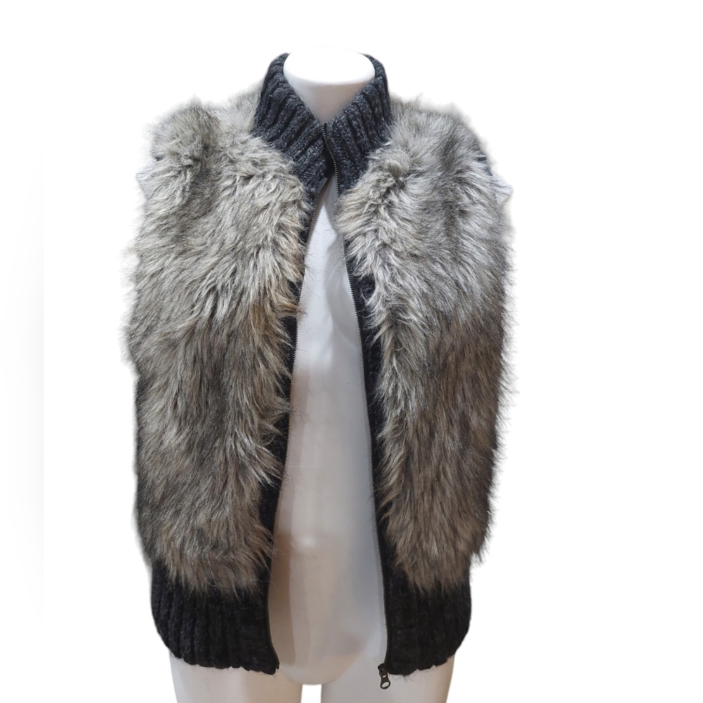 Ann Taylor LOFT Charcoal Gray Faux Fur Vest Size XS/S Sweater Trim Wool Blend - Picture 3 of 12